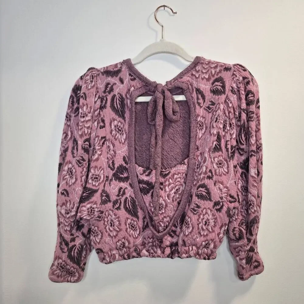 Free People Top Women's Small Pink Floral Puff Sleeve 100% Cotton Cropped Sweate